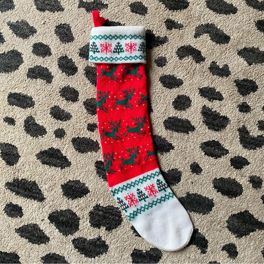 Vintage 80’s knit Christmas stocking - red green white reindeer tree snowflake